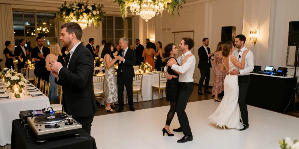 Hochzeit DJ Berlin Brandenburg mit tanzenden Gästen und eleganter Atmosphäre.