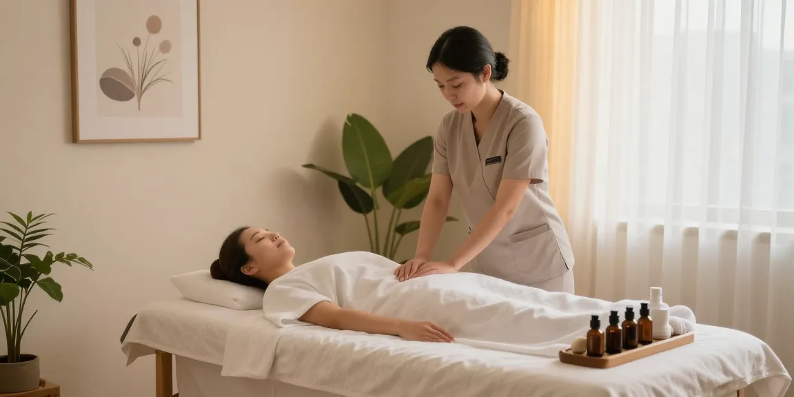Providing 안양출장안마 services in a tranquil therapy room with essential oils and soothing lighting.