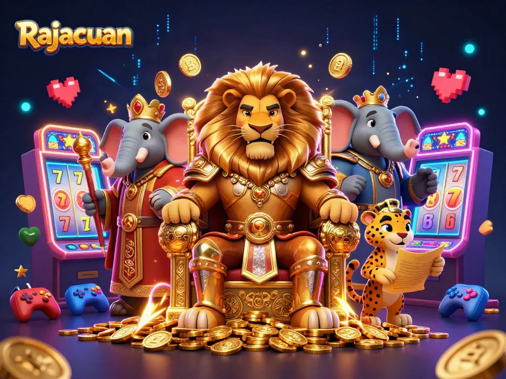 Engage with Rajacuan's vibrant scene featuring a lion king and exciting slot machines.