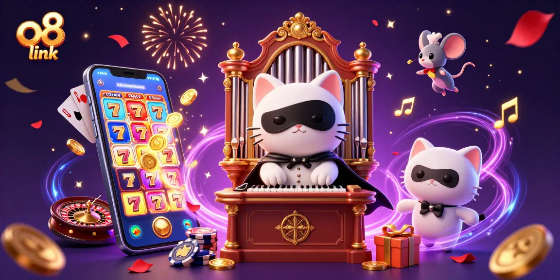 Spin the reels at the vibrant o8 link casino with a whimsical scene of a masked phantom cat and a mouse acrobat.