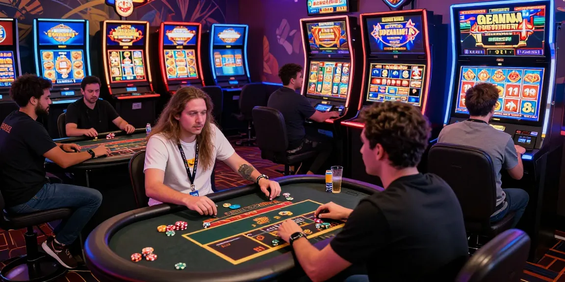Engaged players enjoying slot depo 5000 games in colorful online casino environment.