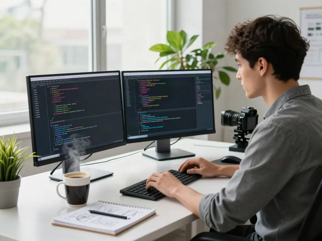 Developer coding with brave浏览器 on dual monitors in a bright tech workspace.