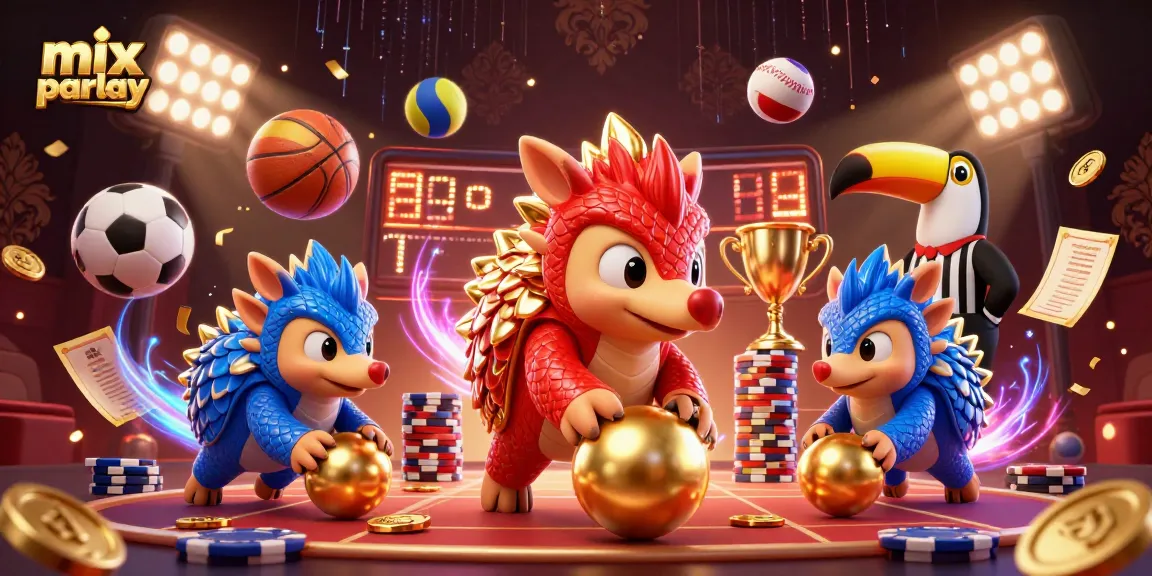 Engage in the excitement of mix parlay betting with cartoon pangolins competing amidst vibrant trophies and sports balls.
