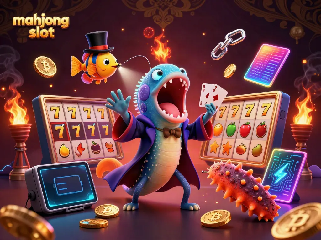 Experience the excitement of mahjong slots with vibrant 3D characters and casino elements.