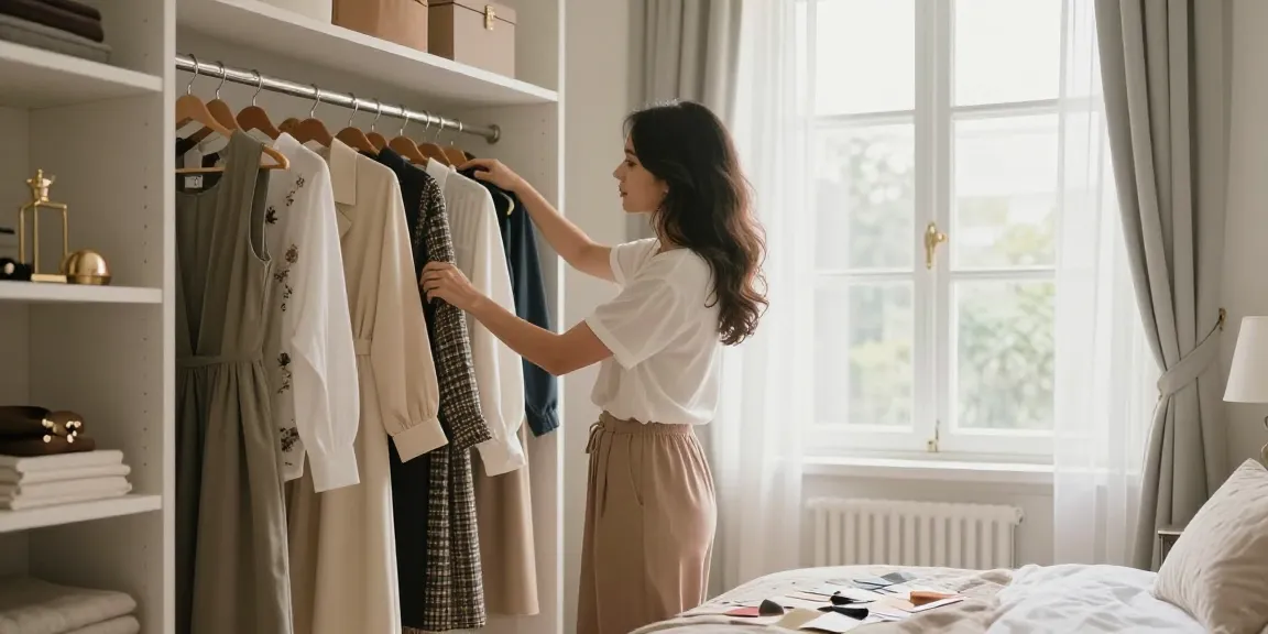 Consulenza per un guardaroba capsula: donna organizza il suo armadio con stile e colori