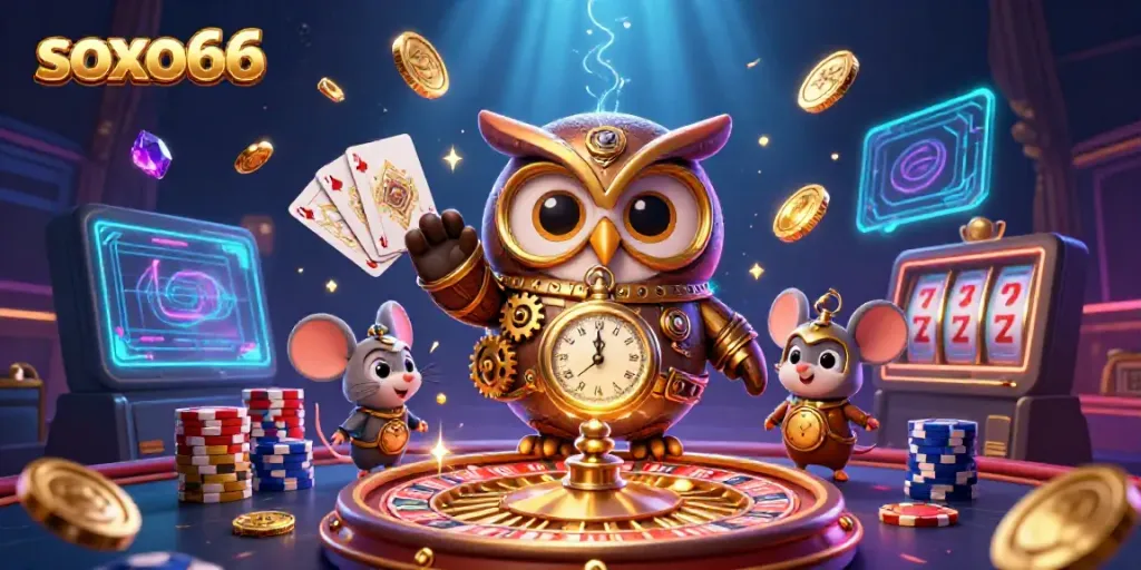 Soxo66's enchanting gambling experience illustrated with a time-traveling owl and dynamic casino elements.