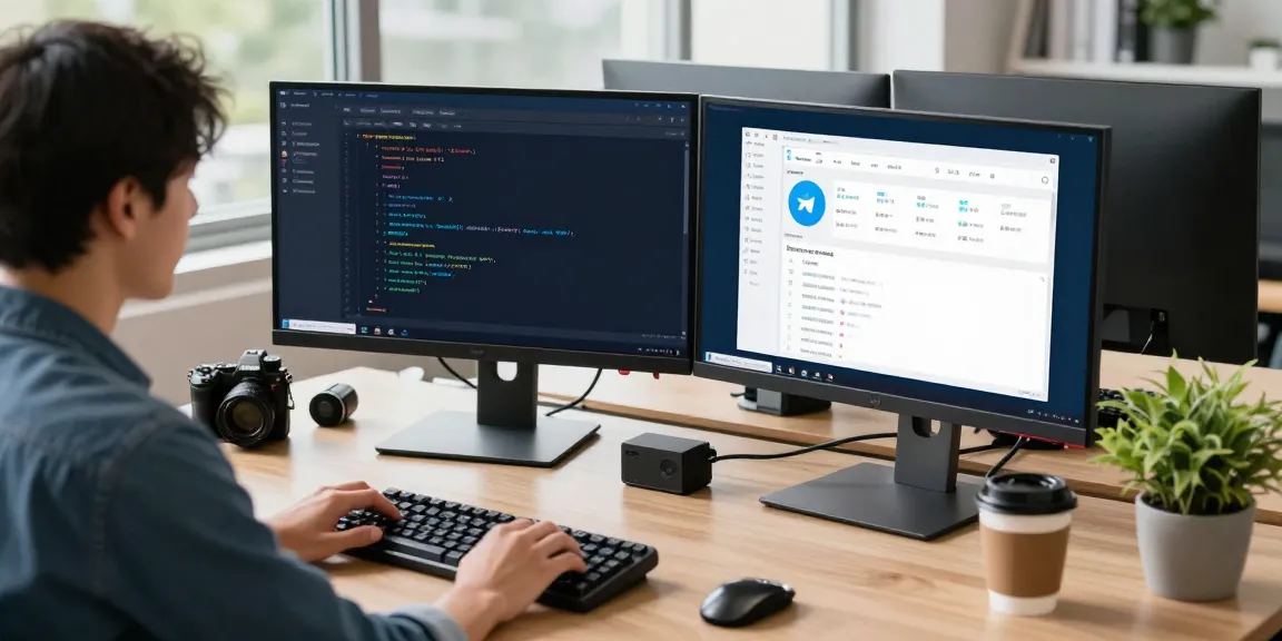 Developer working on 纸飞机中文版 app in a modern office setting with dual monitors and natural light.