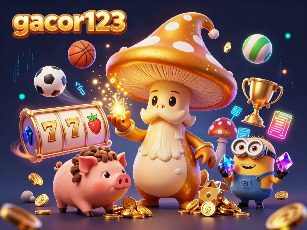 Experience the magic of gacor123 with a golden mushroom wizard casting treasures alongside vibrant sports elements.
