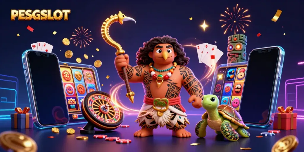 Slot game PESGSLOT yang mengesankan menampilkan karakter hawk dan turtle dalam latar belakang bertema kasino.