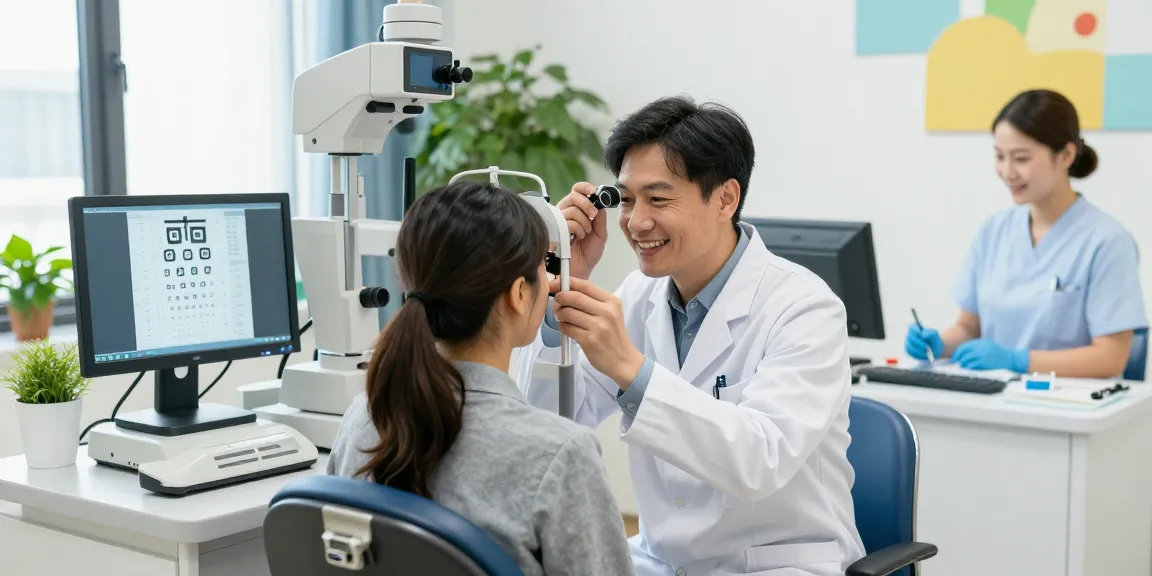 ตรวจสายตา in an advanced eye clinic with a doctor examining a patient using digital tools and bright, welcoming decor.