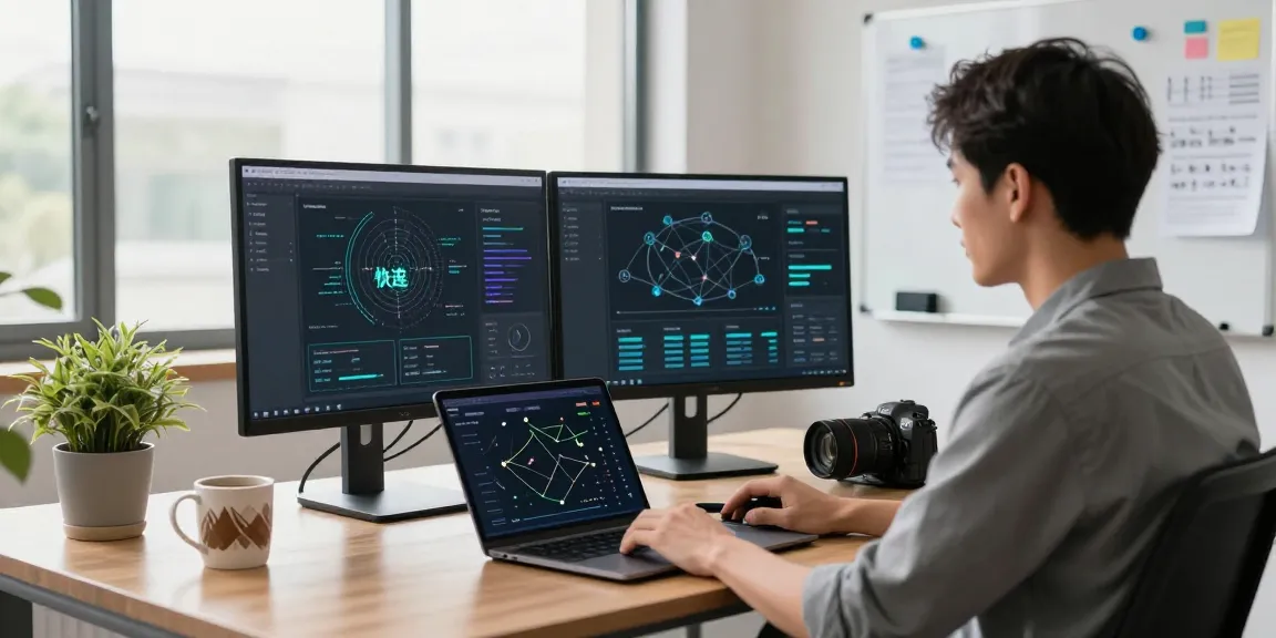 快连 network optimization software displayed on dual monitors in a modern office, capturing a productive workspace atmosphere.