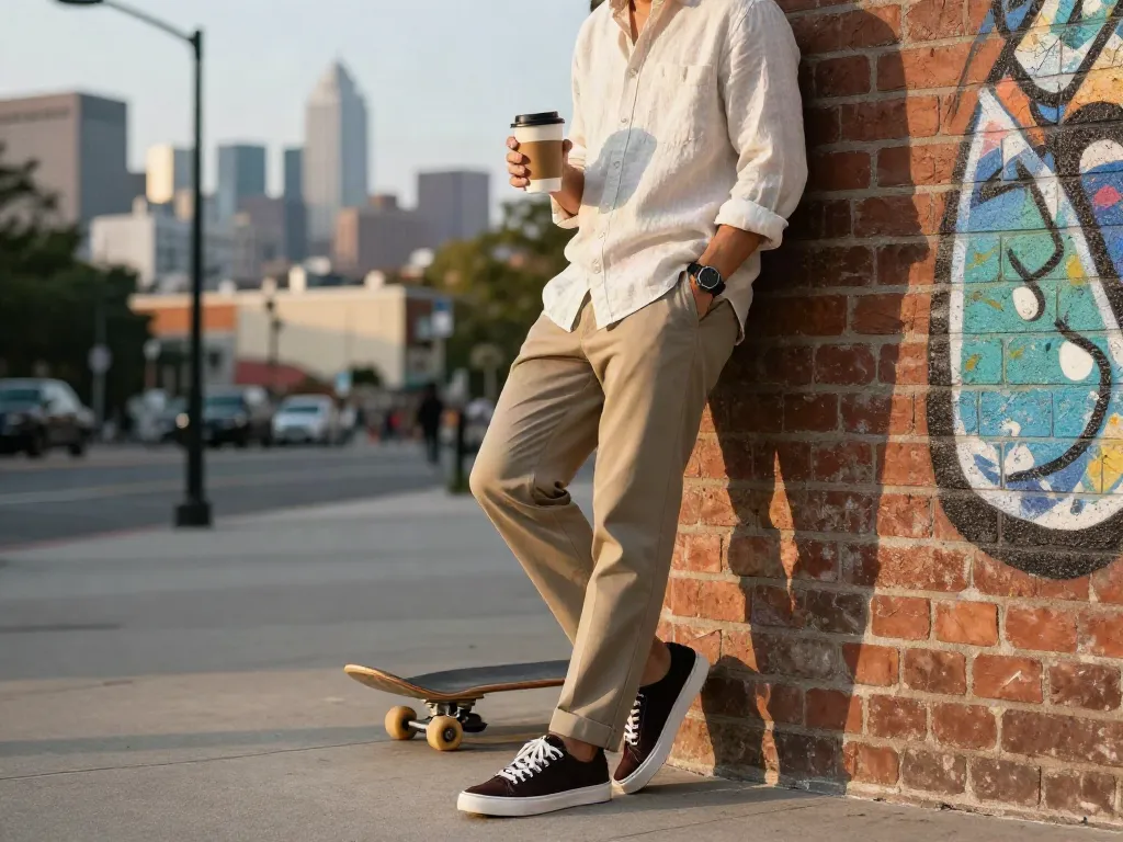 Stijlvolle casual heren kleding met een licht linnen shirt en op maat gemaakte chinos in een stadssetting.