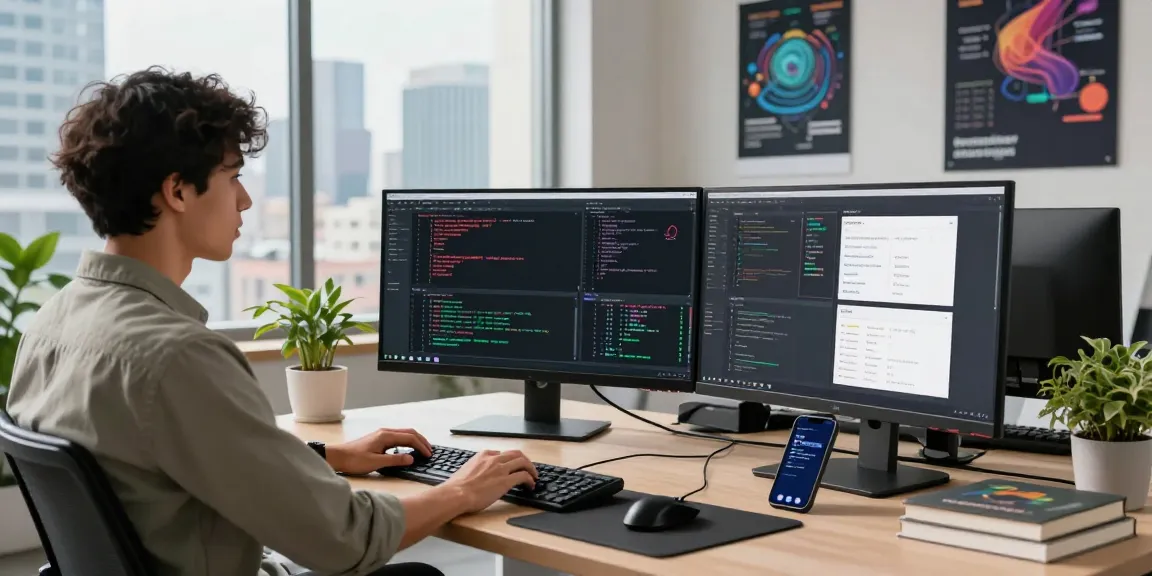 Kinetiq software developer at a modern workspace with monitors showing code and data analytics.