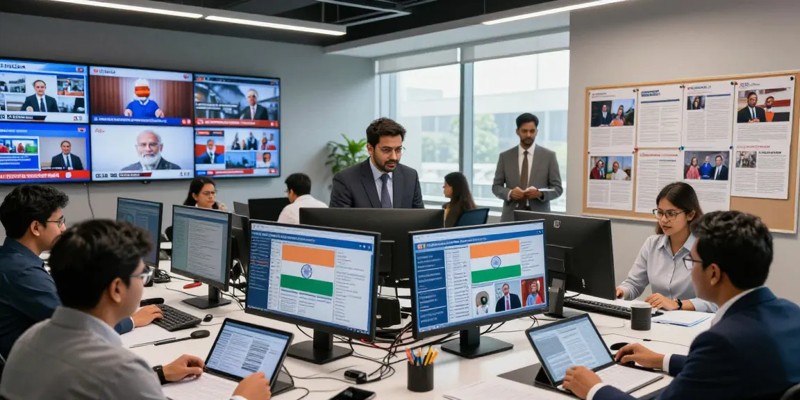 A diverse newsroom at https://www.theindaily.com showcasing dynamic collaboration among journalists covering India's latest news.