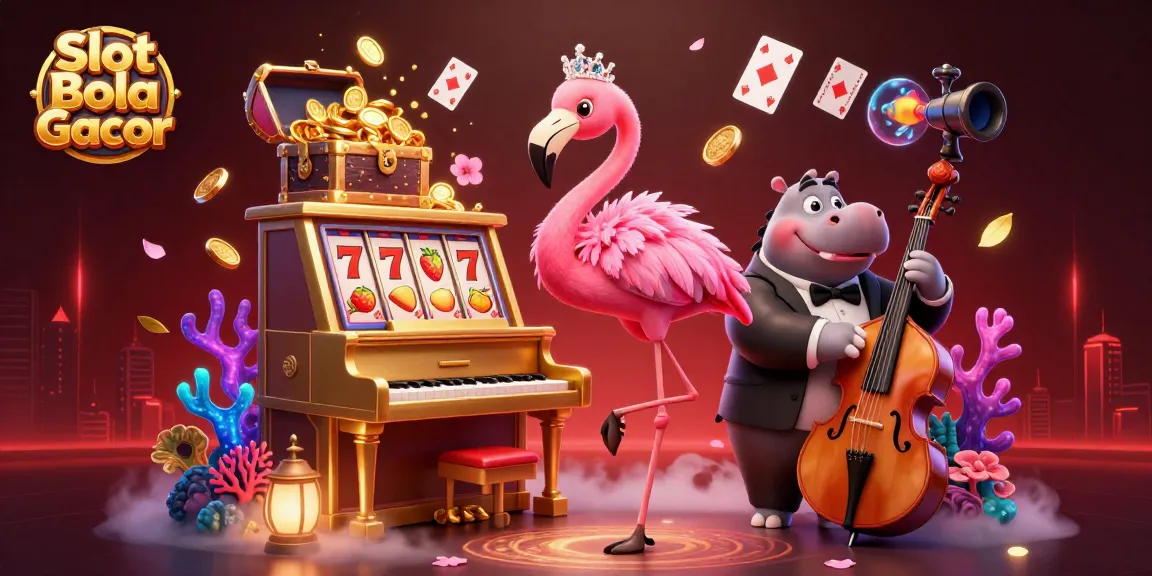 Engage with Slot Bola Gacor in a vibrant, dynamic casino scene featuring colorful characters and elements.