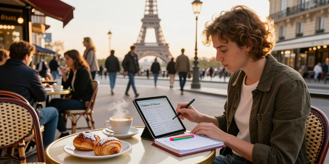 Escena cautivadora de un viajero estudiando Französischkurse en Francia en un café de París con notas y pasteles.