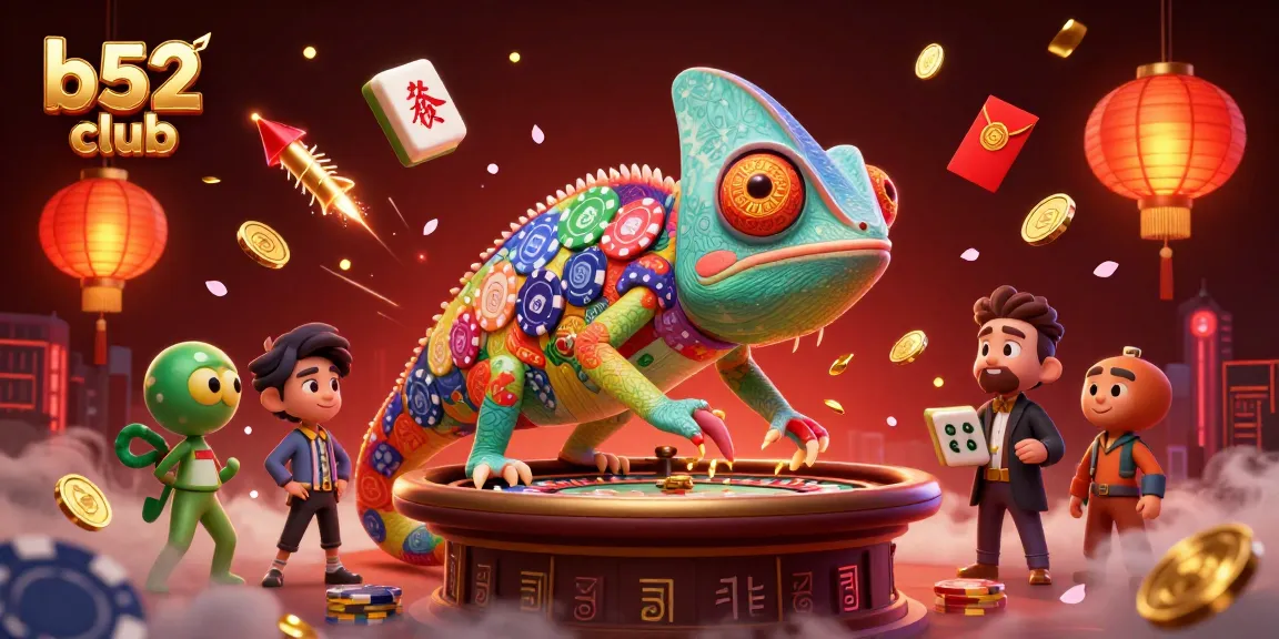 Experience the vibrant b52 club casino scene with a chameleon owner amidst gaming energy.