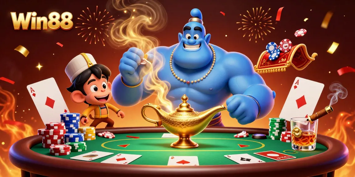 Experience thrilling gameplay with Win88's vibrant casino scene featuring a genie and poker elements.