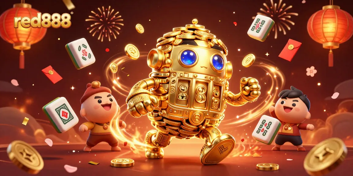 Experience the excitement of red888 as the golden golem spins jackpot symbols amidst vibrant casino elements.