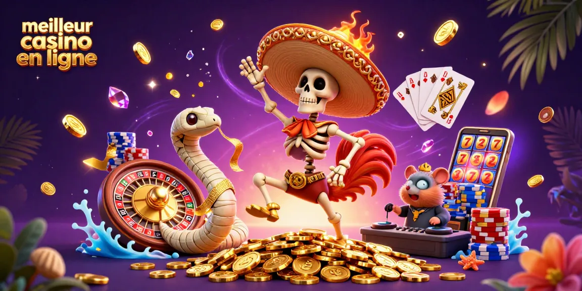 Accédez au meilleur casino en ligne illustré par un rooster mariachi dansant sur un tas de pièces d'or.
