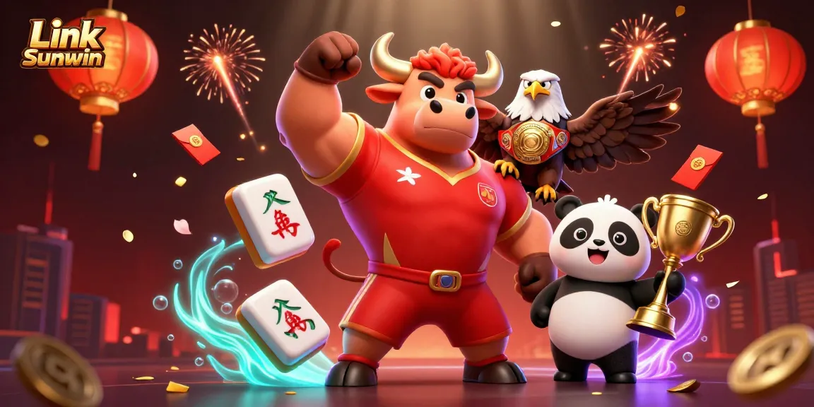 Engage in thrilling gameplay at Link Sunwin with a dynamic 3D scene featuring a bull mascot, eagle, and panda celebrating wins.