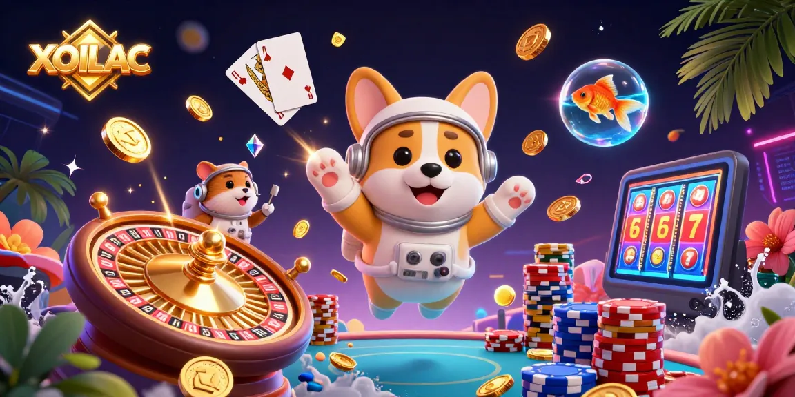 Experience the thrilling action at XOILAC with a floating astronaut corgi in a casino adventure, surrounded by vibrant gaming elements.