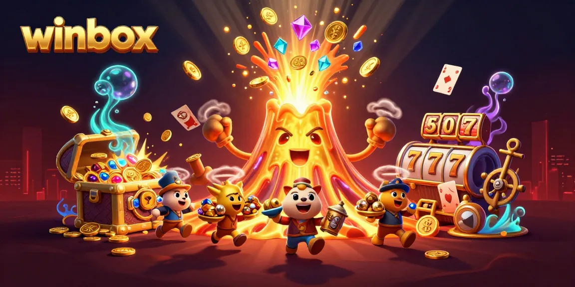 Winbox players enjoy thrilling slots surrounded by a golden volcano offering treasures and exciting gameplay.
