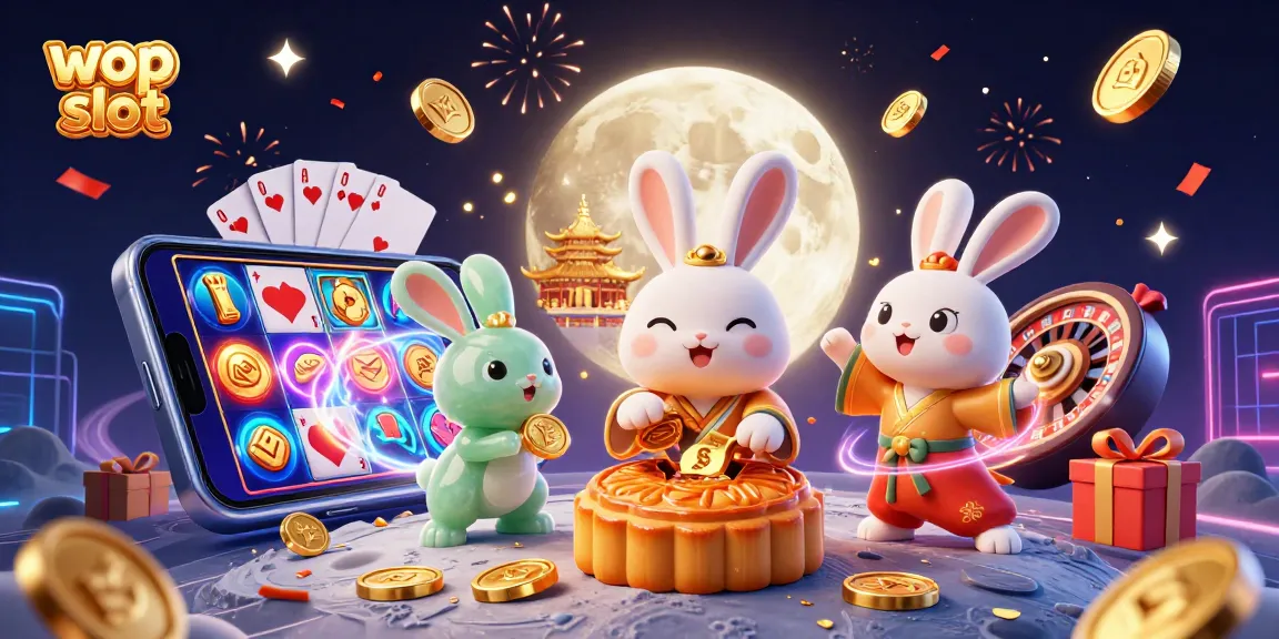 Mainkan wop slot dengan ilustrasi 3D kelinci bulan dan simbol kasino yang memukau.