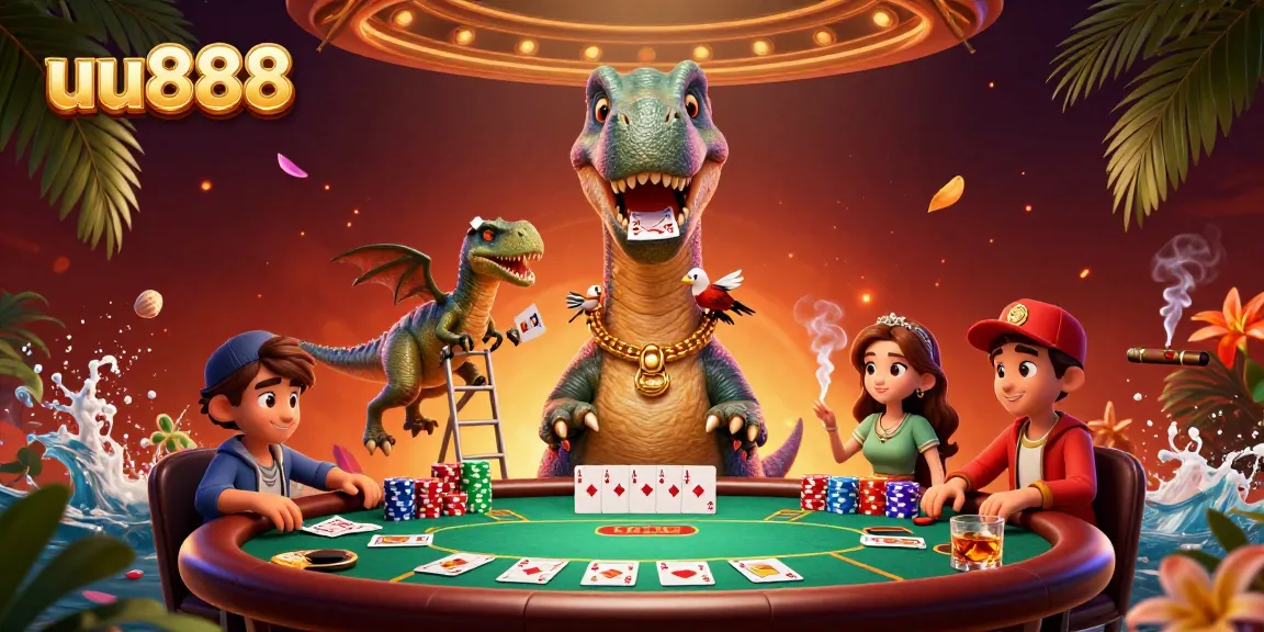 Experience the excitement of uu888 with a vibrant 3D casino scene featuring playful characters and poker elements.
