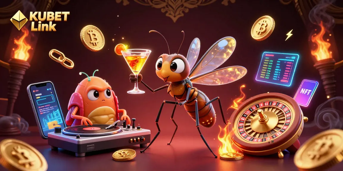 Experience the thrill with KUBET Link, a lively casino scene featuring a unique mascot and crypto elements.