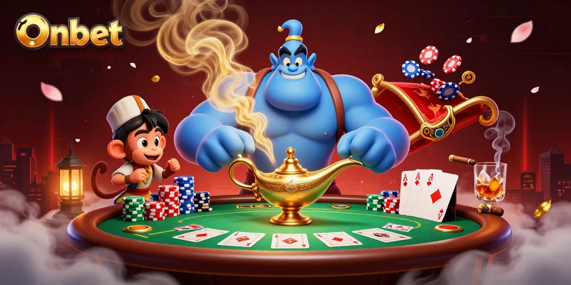Onbet's vibrant scene with a genie, poker chips, and dynamic casino elements.