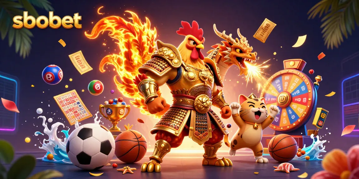 Melakukan taruhan sbobet di arena pertarungan dengan ayam jantan berarmor dan naga kecil, dihiasi bola lotere berwarna.