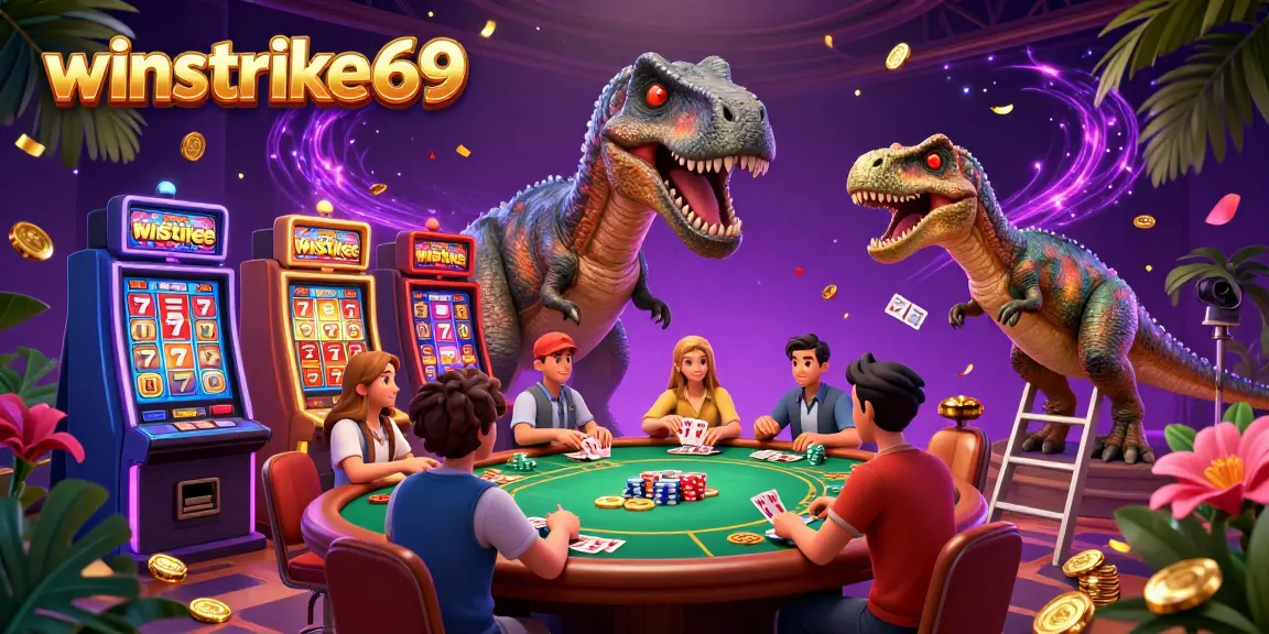 Experience the excitement of gaming with winstrike69, featuring dynamic casino elements and a lively 3D illustration.