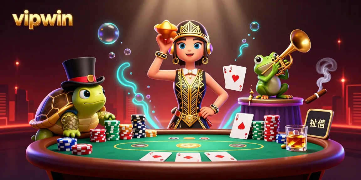 Join the excitement at vipwin with a vibrant casino scene showcasing playful characters and dynamic gaming elements.