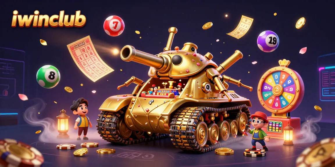 Play at iwinclub with a dynamic scene featuring a golden beetle tank casino and vibrant game elements.