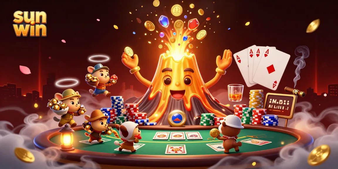 Experience sun win excitement with a golden volcano erupting coins and tiny explorers in a vibrant casino scene