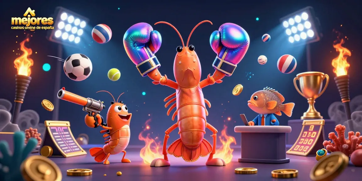 Ilustra los mejores casinos online de España con un camaleón boxeador y amigos en acción.