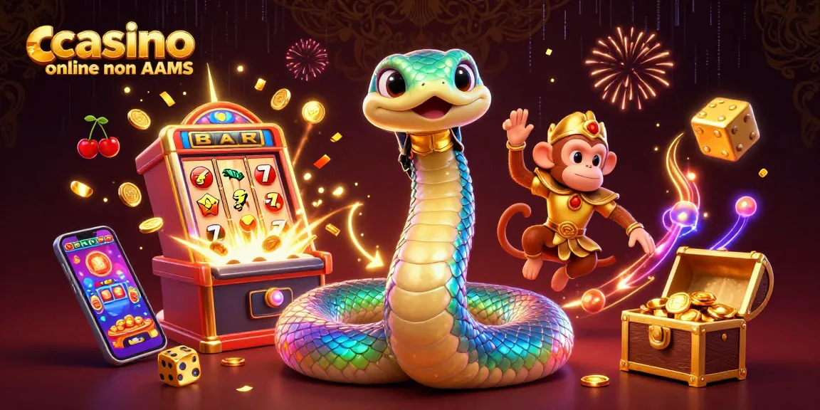 Gioca a casino online non AAMS con un serpente arcobaleno e un re scimmia che celebrano una grande vincita.