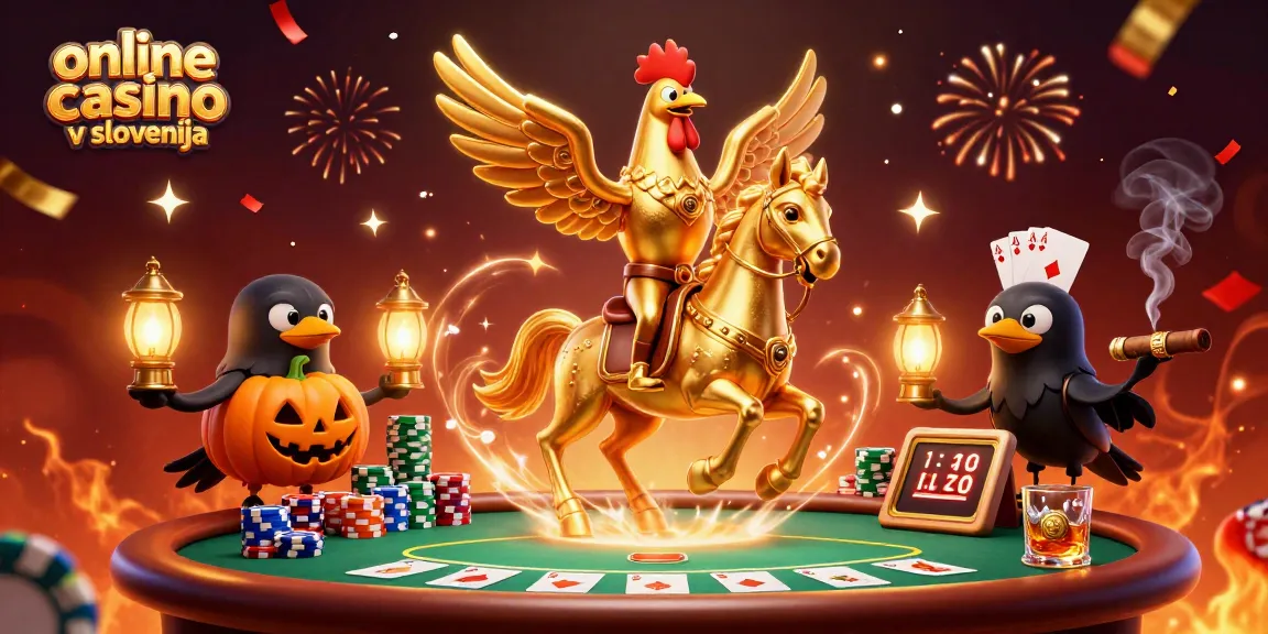 Prikazovanje igre v online casino v Sloveniji z zlatim petelinom in pokernimi elementi.