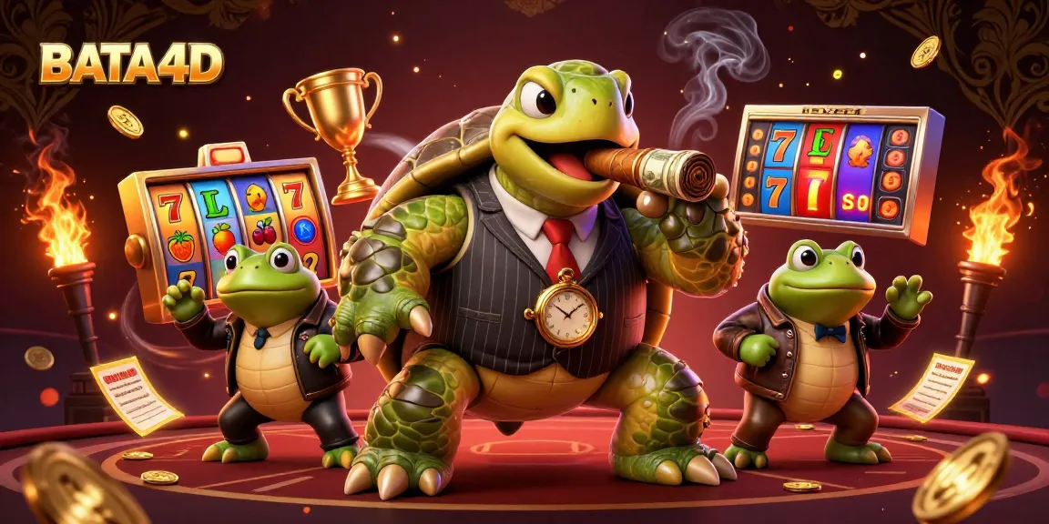 BATA4D features a playful snapping turtle and bullfrogs engaging in casino fun with vibrant slot reels.