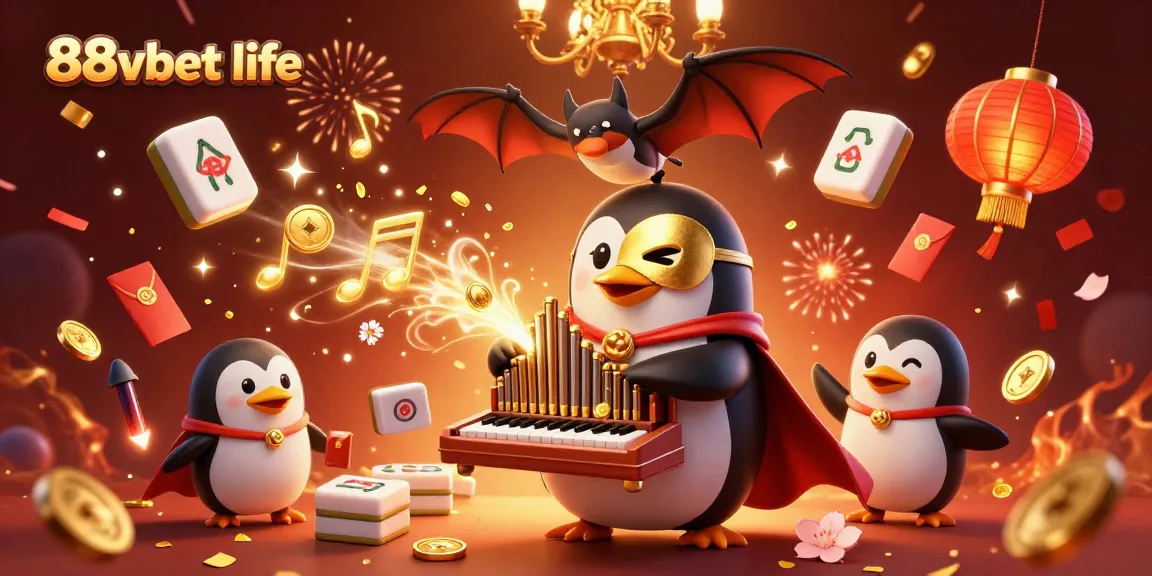 Experience the excitement of 88vbet life with a 3D illustration of a penguin playing an organ surrounded by festive casino elements.