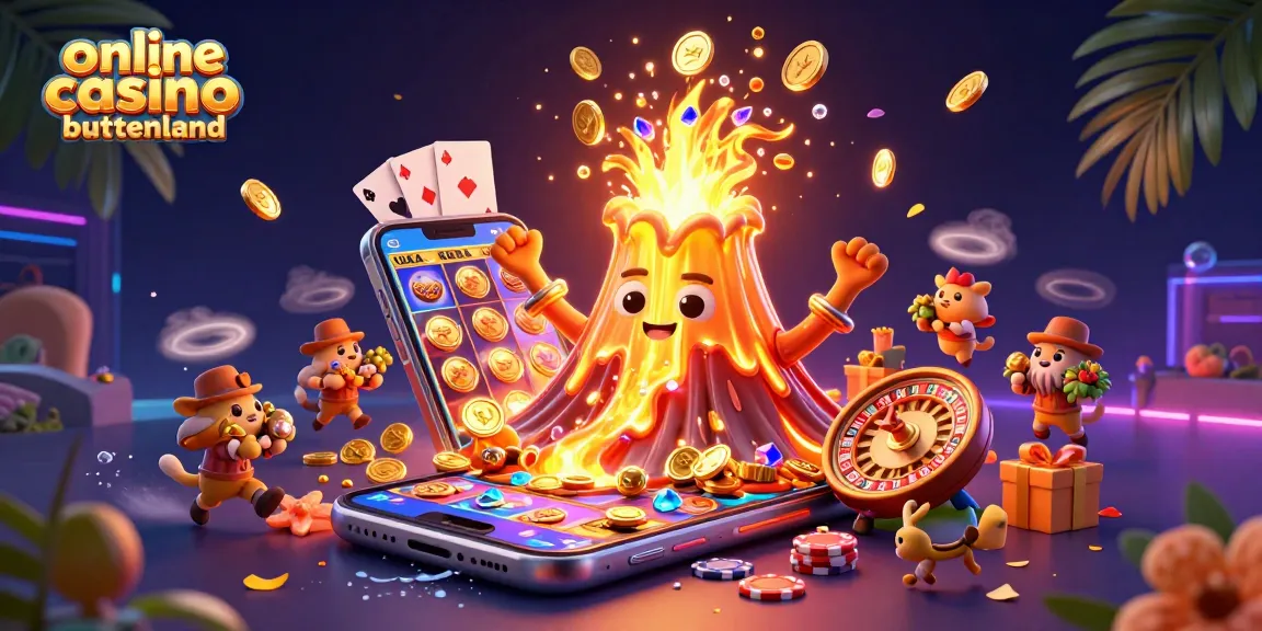 Experience excitement at online casino buitenland with a lively 3D illustration depicting a golden volcano erupting treasures.