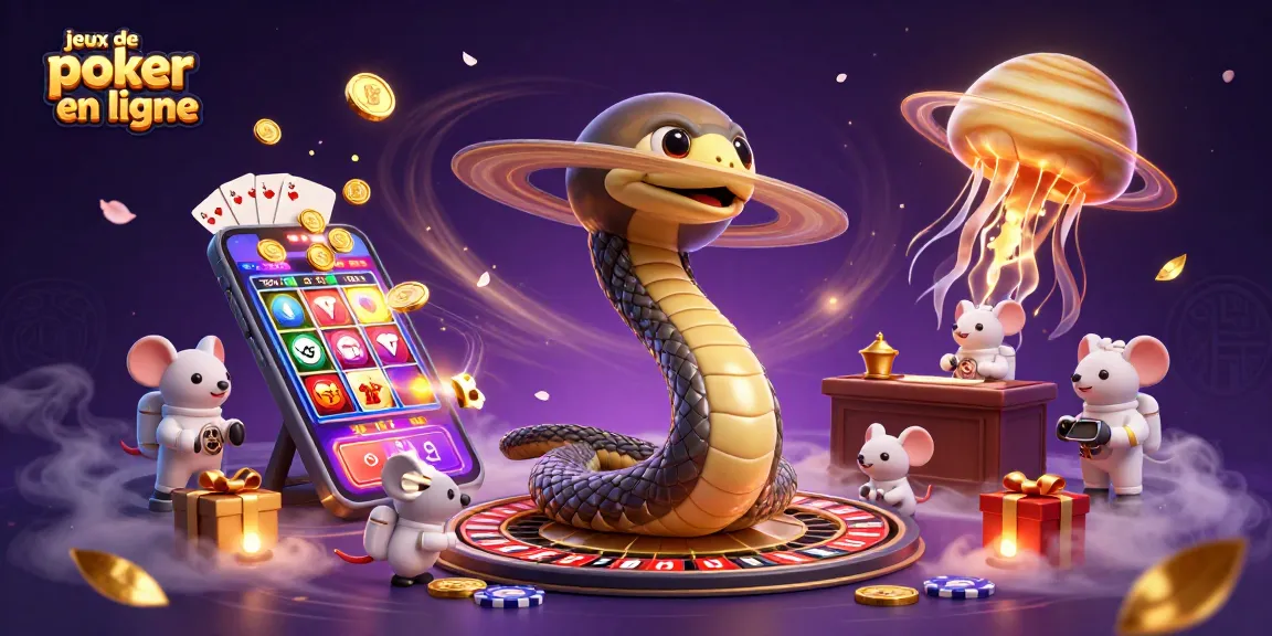 Des jeux de poker en ligne animés avec un serpent intemporel et des astronautes joueurs sur Saturne.