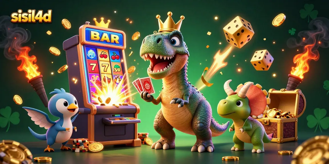 Sisil4d presents a vibrant 3D cartoon scene with dinosaurs engaging in casino activities, showcasing festive gaming energy.