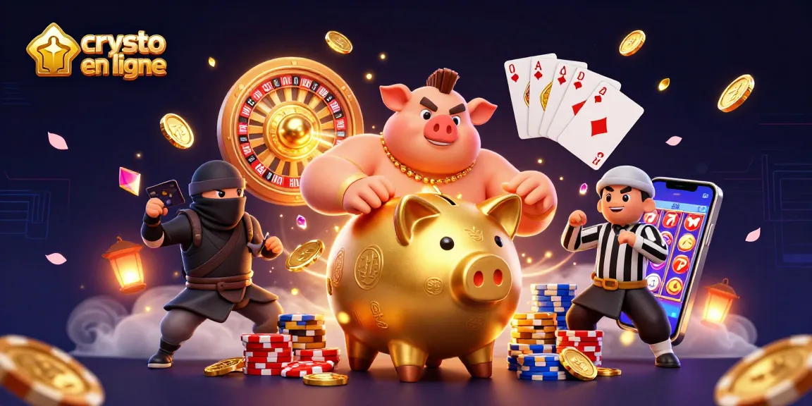 Illustration dynamique d'un casino en ligne crypto avec un cochon tirelire doré, un ninja de portefeuille, et des pièces dorées.