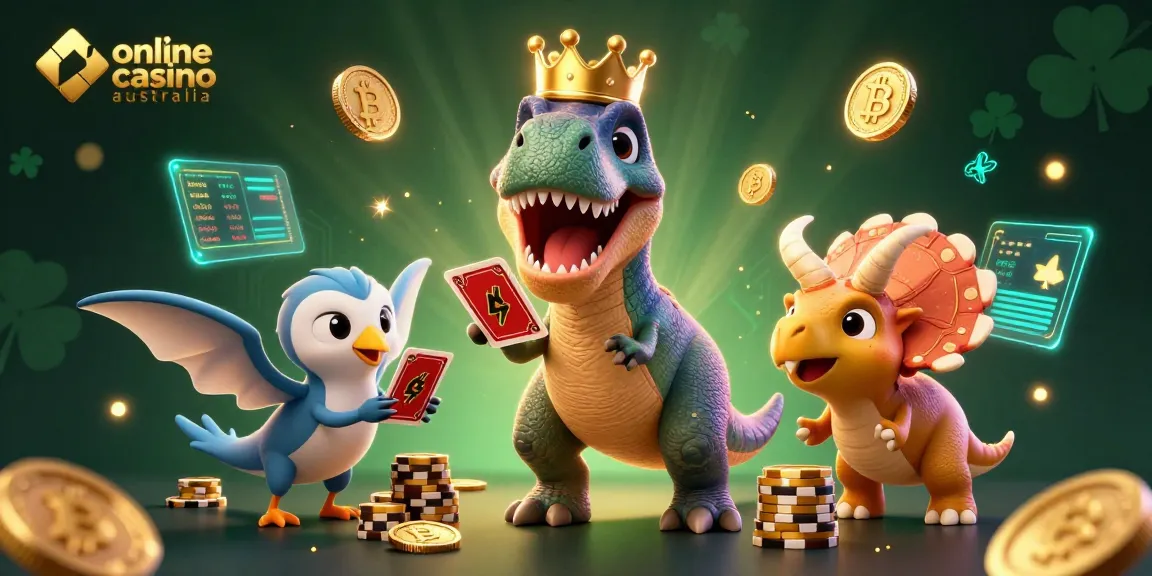 Engage with the excitement of online casino Australia scenes featuring a T-Rex, crypto coins, and playful gambling elements.