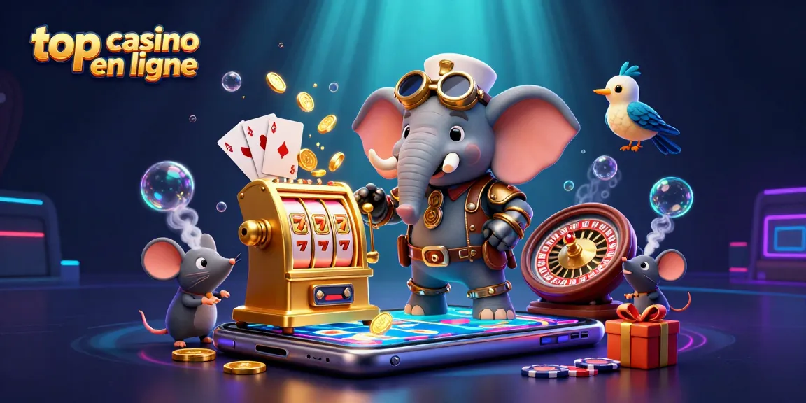 Découvrez une illustration de casino en ligne avec un éléphant ingénieur, machines, et jeux, idéal pour top casino en ligne.