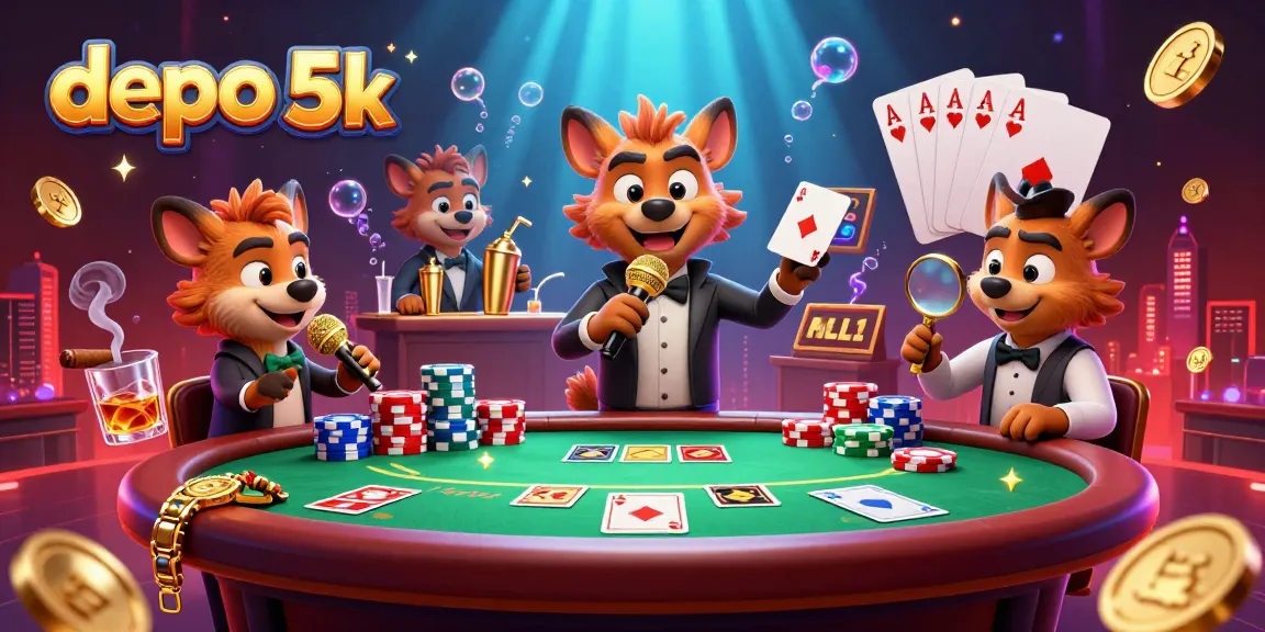 Engage players with the lively comedy casino atmosphere at depo 5k featuring hyenas, poker elements, and vivid decorations.