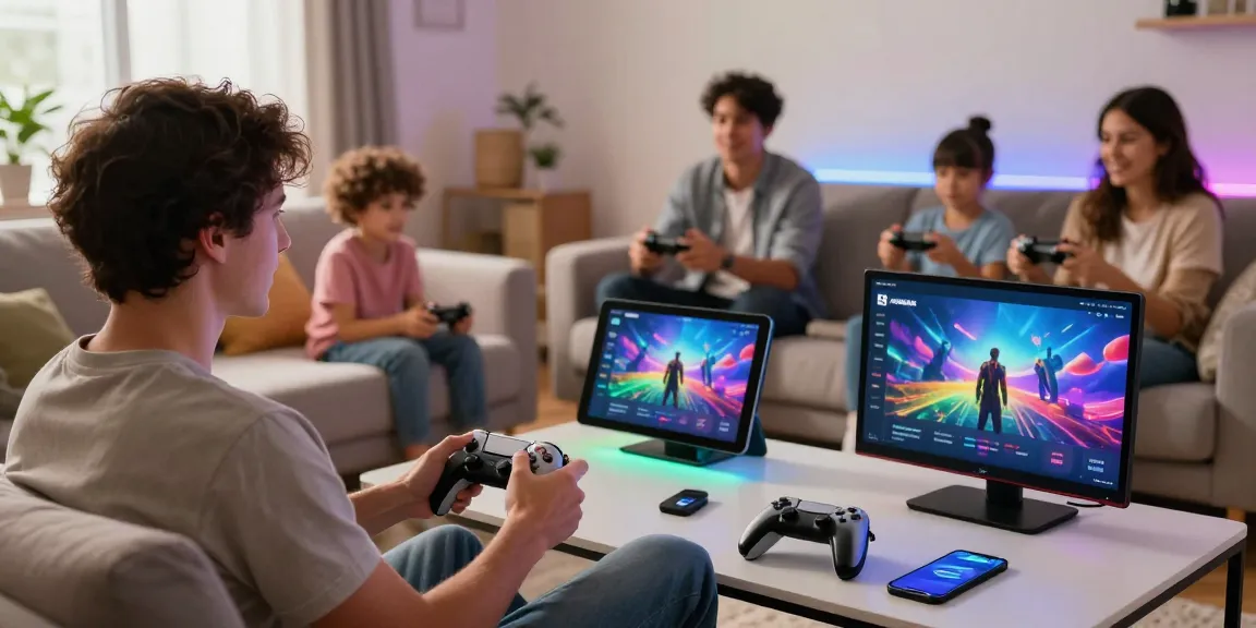 Enjoying indo cair gaming experience on a cozy couch with family, vibrant lighting and devices.