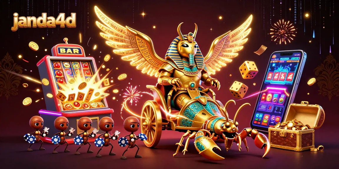 janda4d menampilkan skenario kasino live dengan scarab emas dan slot penuh harta